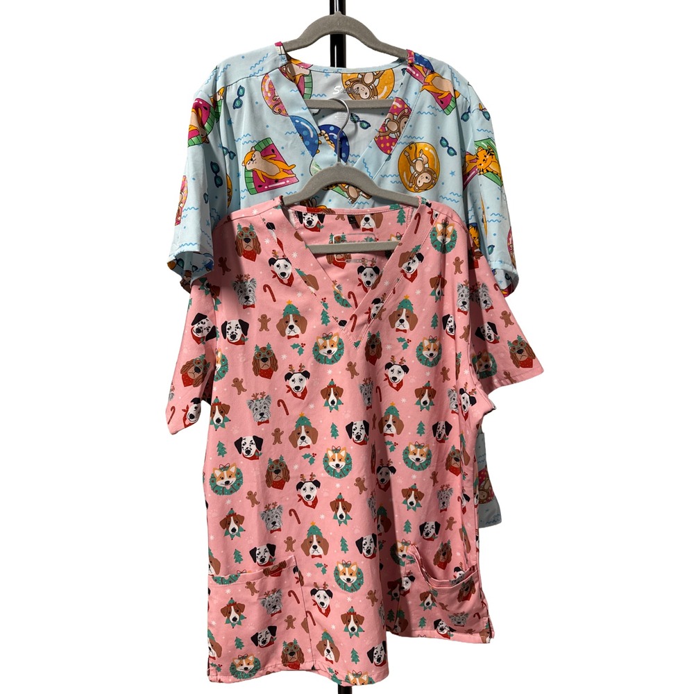 Medical Scrub Top Bundle Large Christmas Dog Pink V Neck Sienna Animal Print